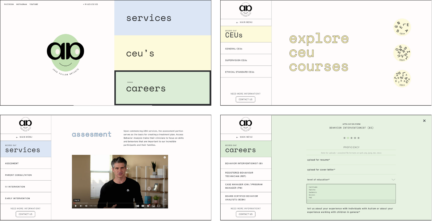 Audit of the original Access Behavior Analysis website — services, CEUs, careers, and assessment pages with inconsistent layouts and unclear navigation