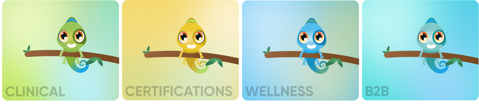 Cleo the chameleon shown in four colour variants — Clinical green, Certifications yellow, Wellness teal, B2B blue — each on its matching gradient