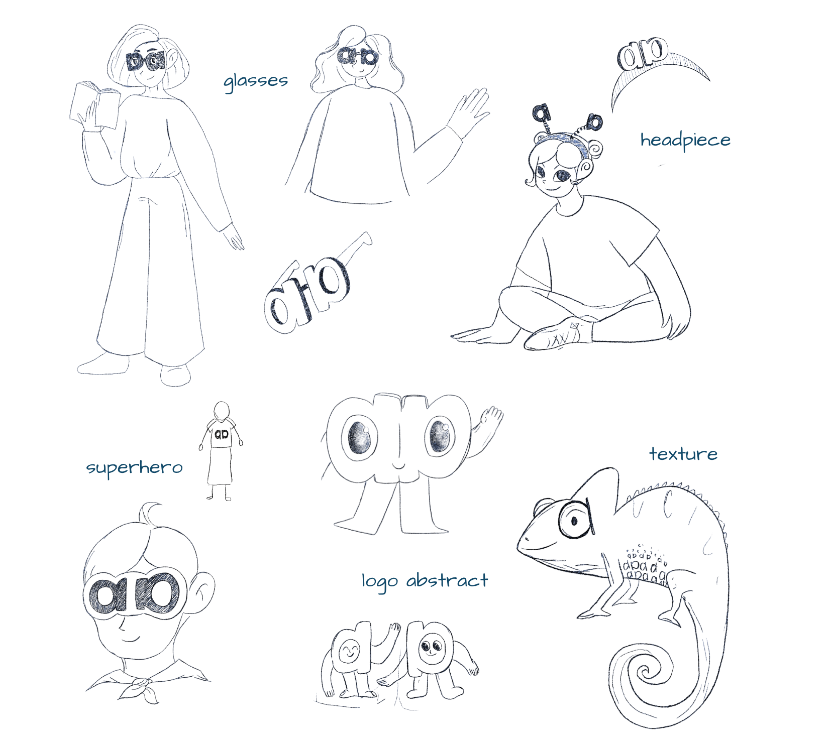 Mascot ideation sketches — character with glasses, headpiece variant, superhero version, abstract logo creature, and a textured chameleon