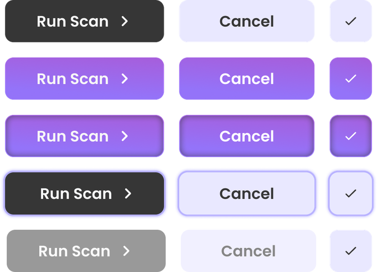 Figma buttons — Run Scan, Cancel, and icon button across every state