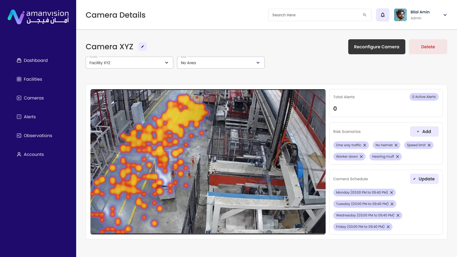 AmanVision camera detail — a live industrial feed with a heat-map risk overlay and a side panel of detected events