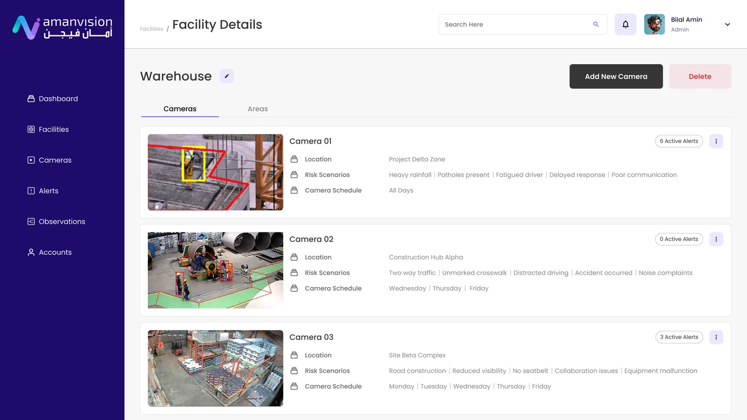 AmanVision facility detail — a warehouse with its cameras, each showing location, risk scenarios, schedule, and active alerts