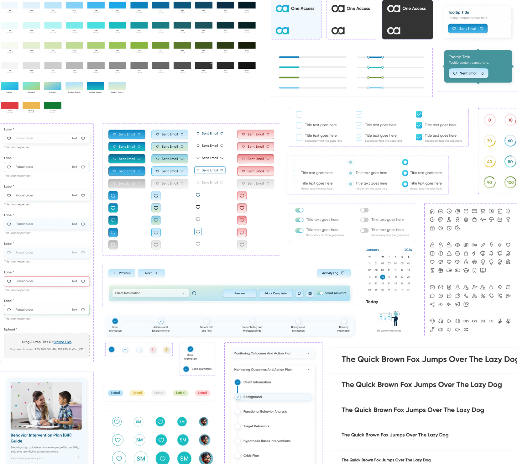 One Access design system — buttons, badges, form inputs, navigation, calendar, status pills, avatars, modals, and typography across light and dark surfaces