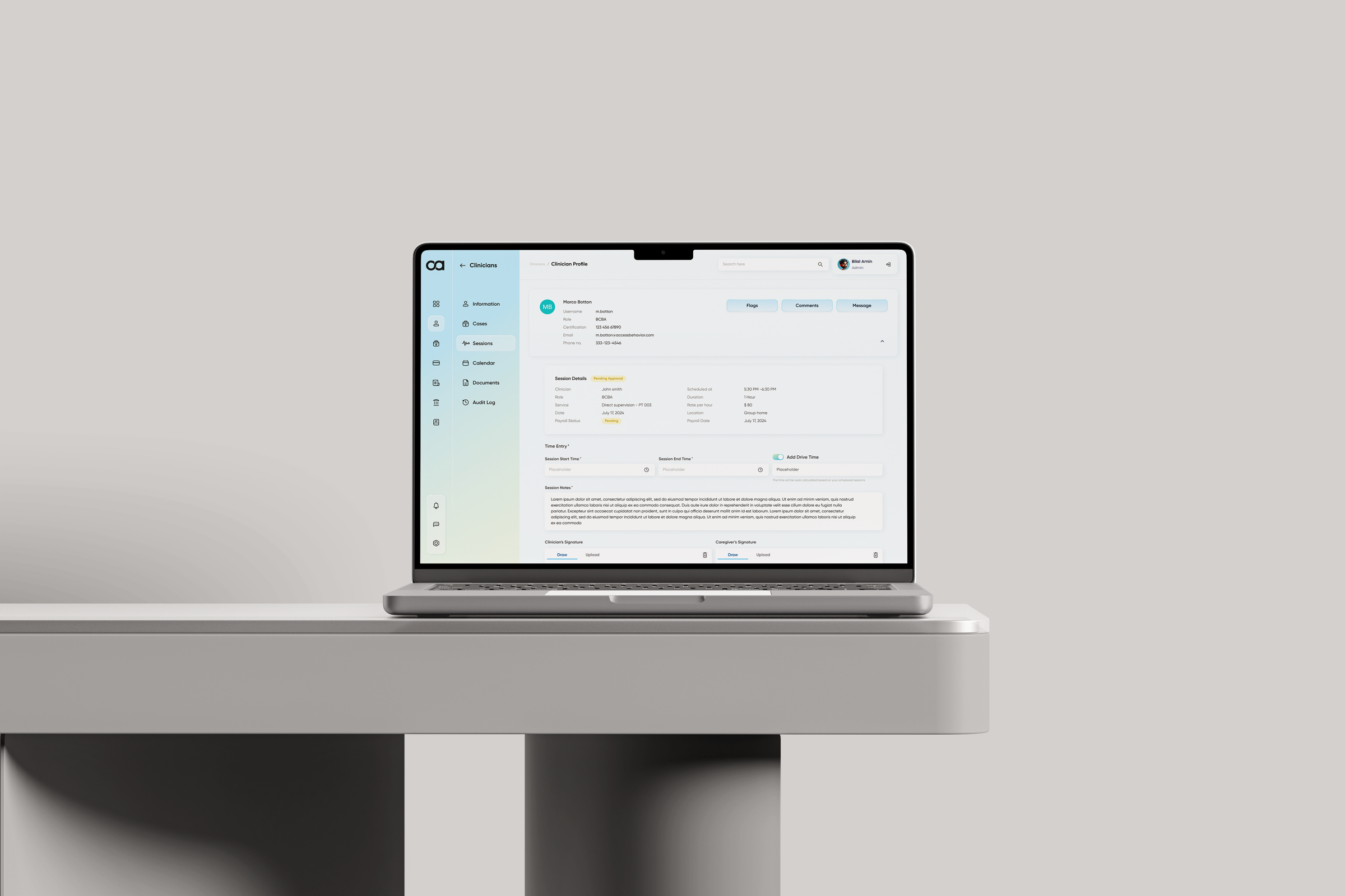 One Access client profile — demographics, sessions, documents, and authorisations on one record