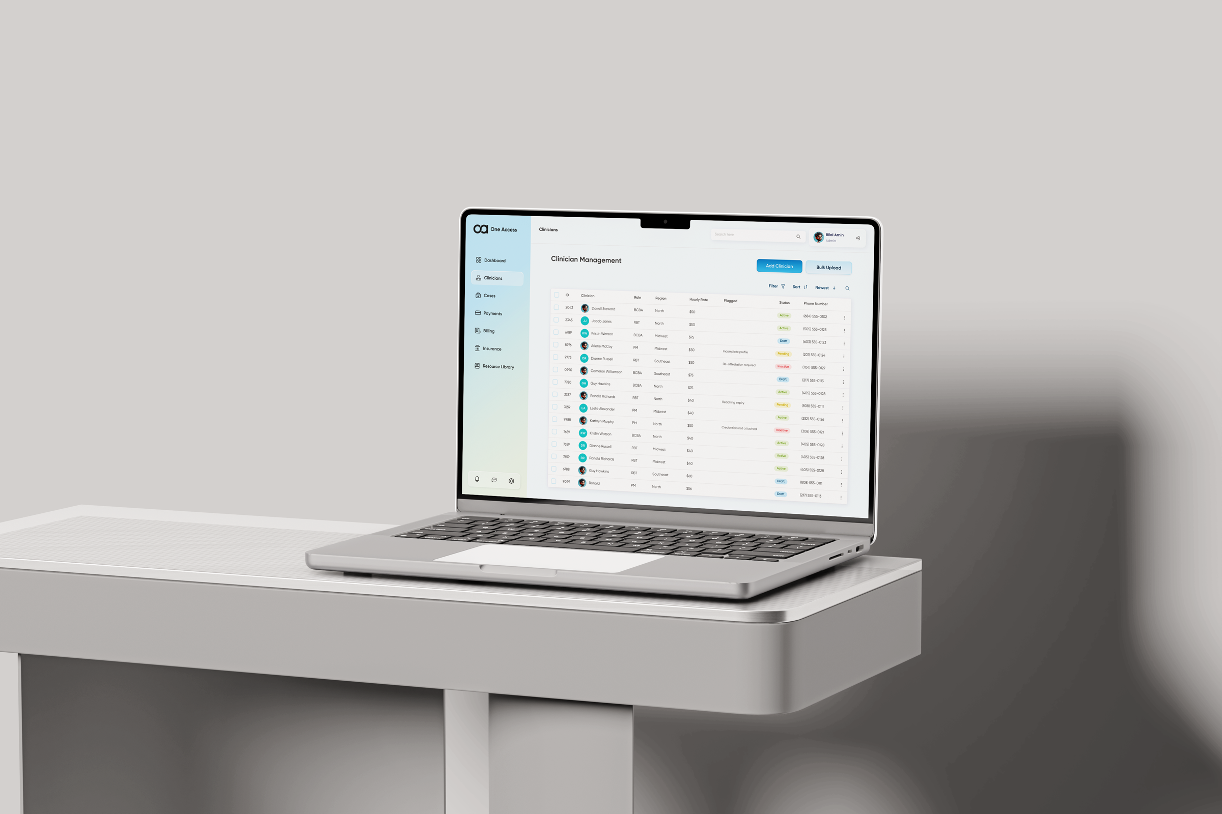 One Access clinician management table — roles, certifications, statuses, and assigned caseload across the team