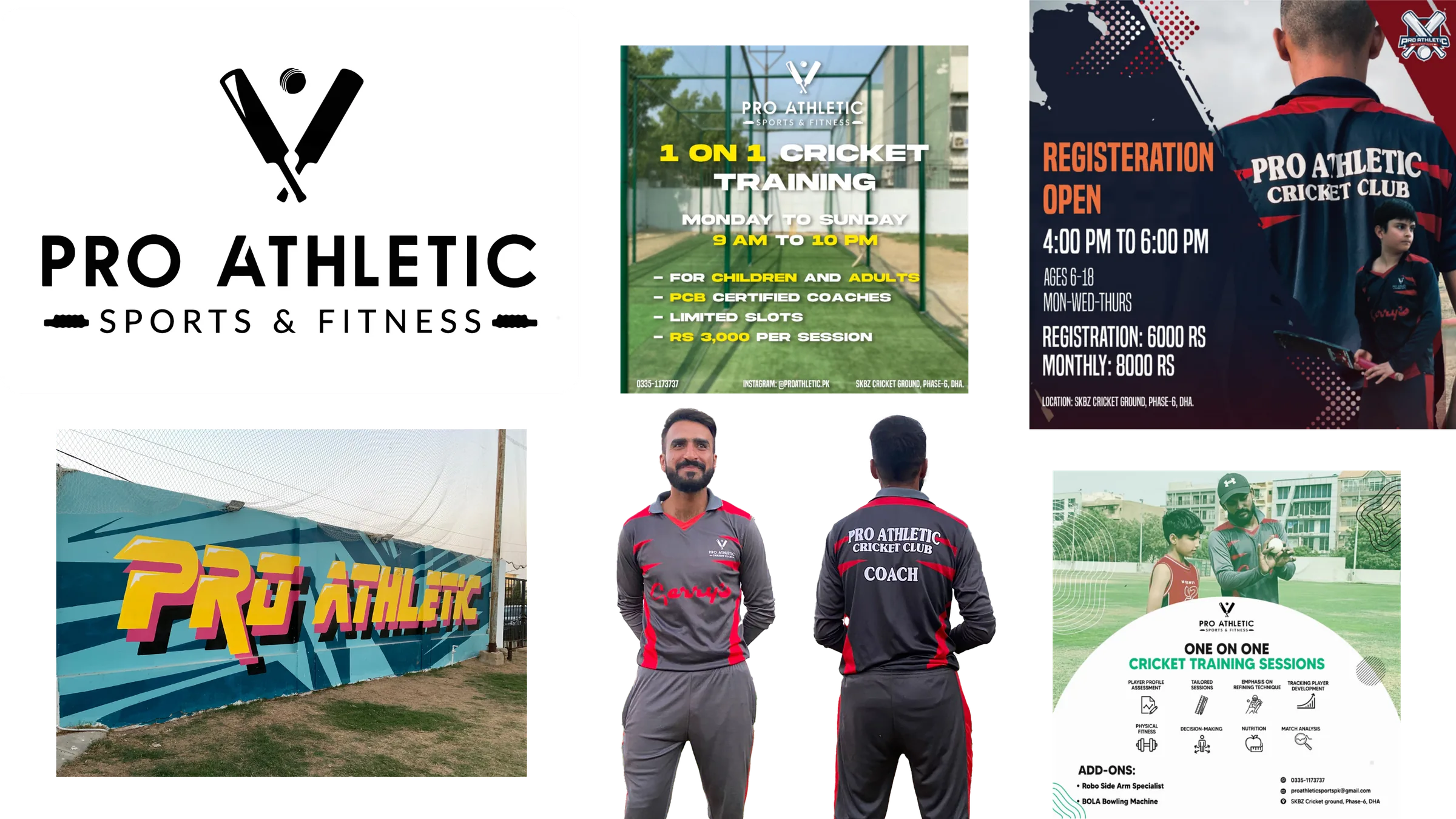 The brand ProAthletic inherited — the old black 'Pro Athletic · Sports & Fitness' logo on crossed bats, a painted graffiti wall, a grey Gerry's-sponsored kit, and a scatter of mismatched training and registration posters