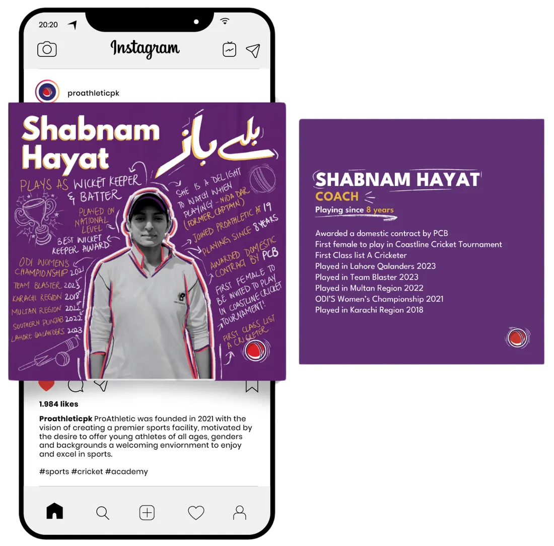 Instagram player-story mockup for Shabnam Hayat — her photo ringed in the campaign colours with hand-lettered notes, beside a clean stats card