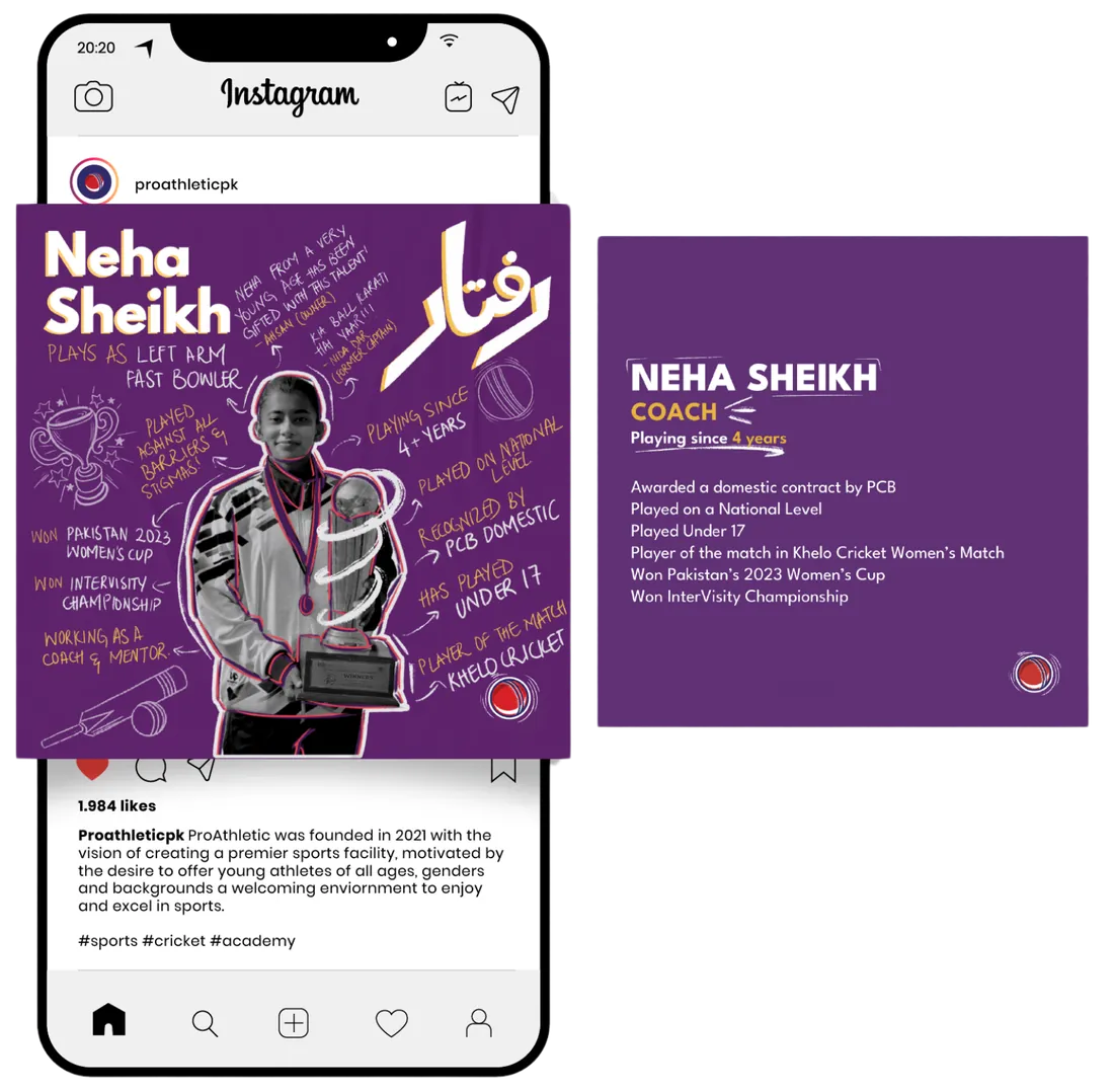 Instagram player-story mockup for Neha Sheikh — left-arm fast bowler with a winner's trophy, beside her stats card