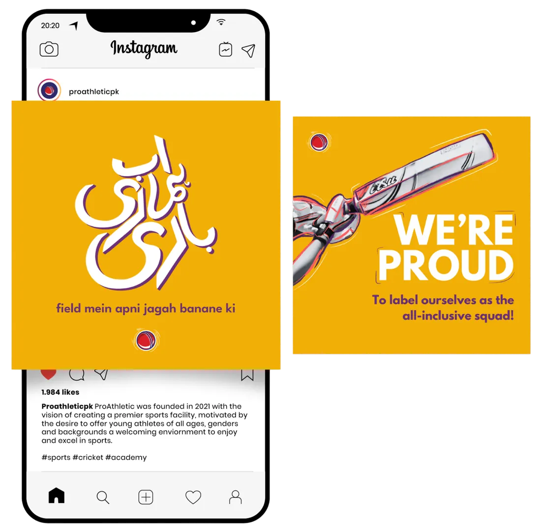 'Field mein apni jagah banane ki' calligraphy mockup paired with the 'We're proud — the all-inclusive squad' post