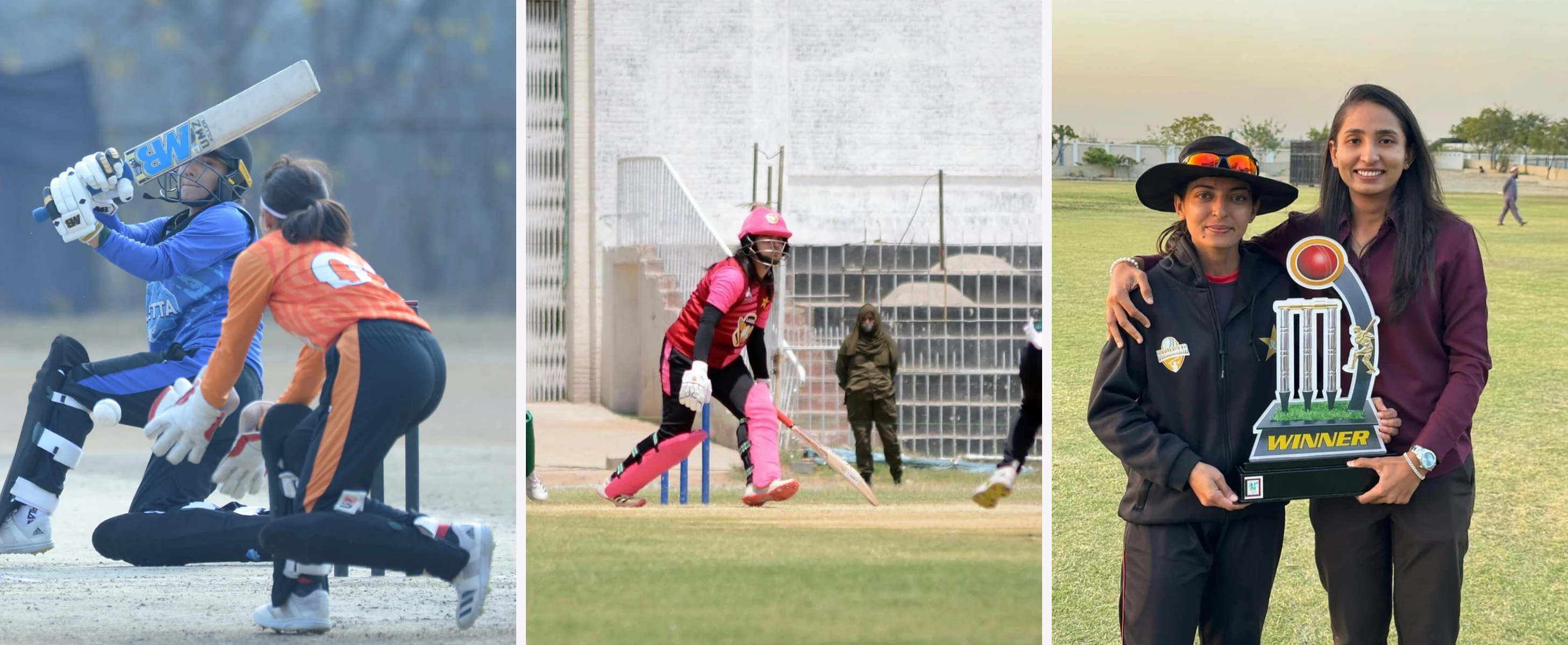 Three photographs from ProAthletic's women's cricket — a wicketkeeper up to the stumps, a batter in pink mid-shot, and two players holding a WINNER trophy