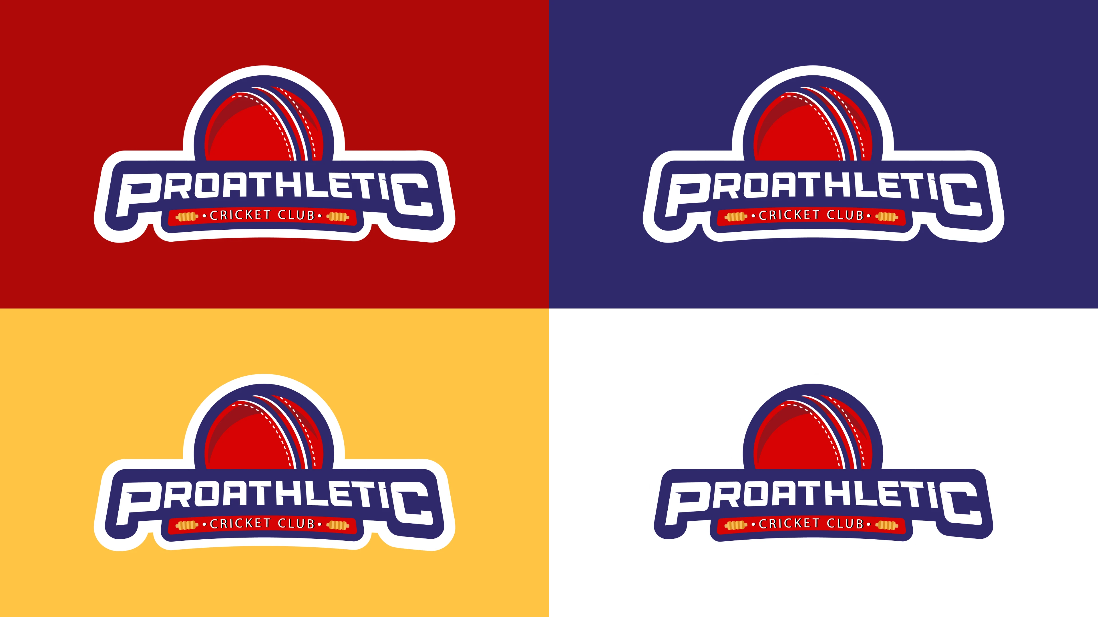 The final ProAthletic emblem shown on four backgrounds — red, navy, gold, and white
