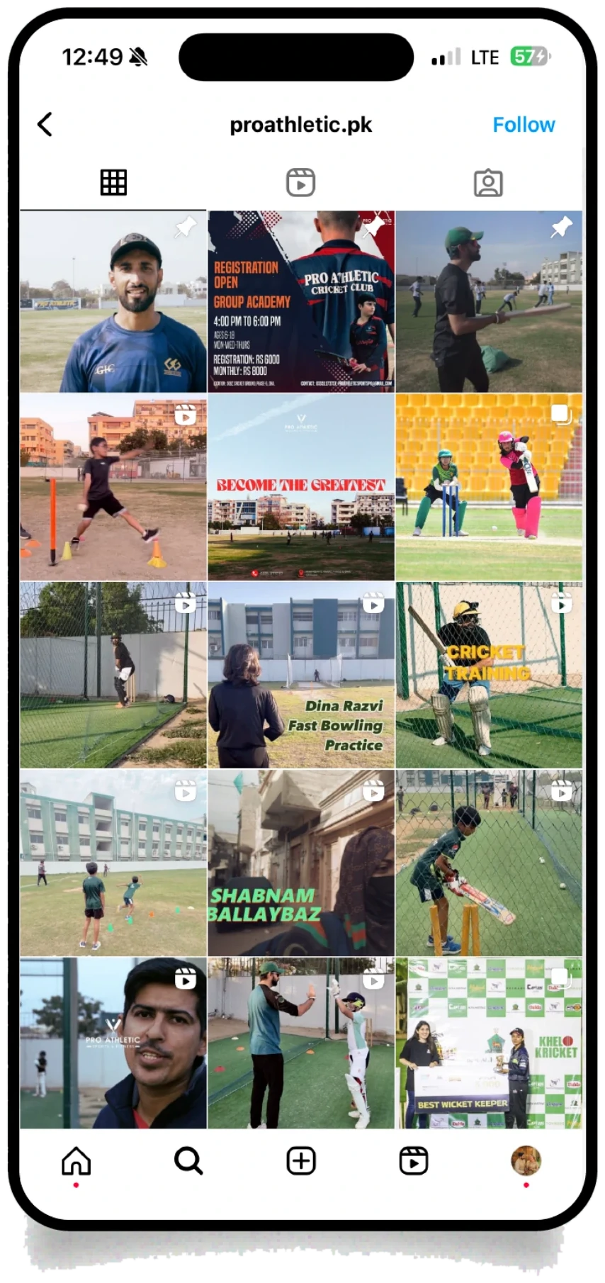 The @proathletic.pk feed before the rebrand — candid match clips and one-off posters with mismatched type, colour, and layout post to post