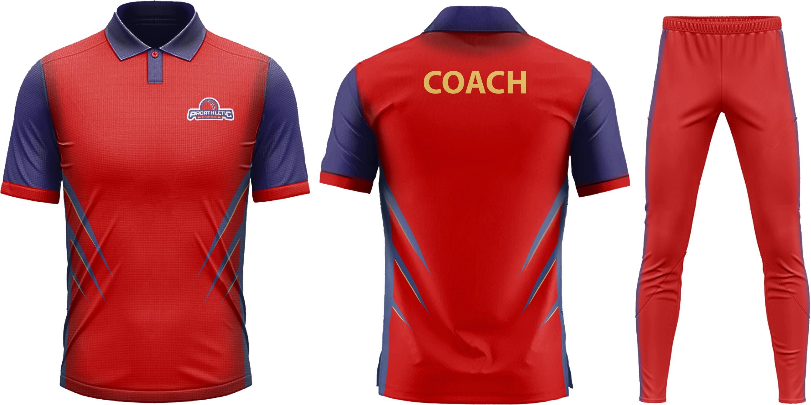 The ProAthletic coach kit — a red jersey with navy sleeves and accents, the emblem at the chest, 'COACH' across the back, and matching red trousers