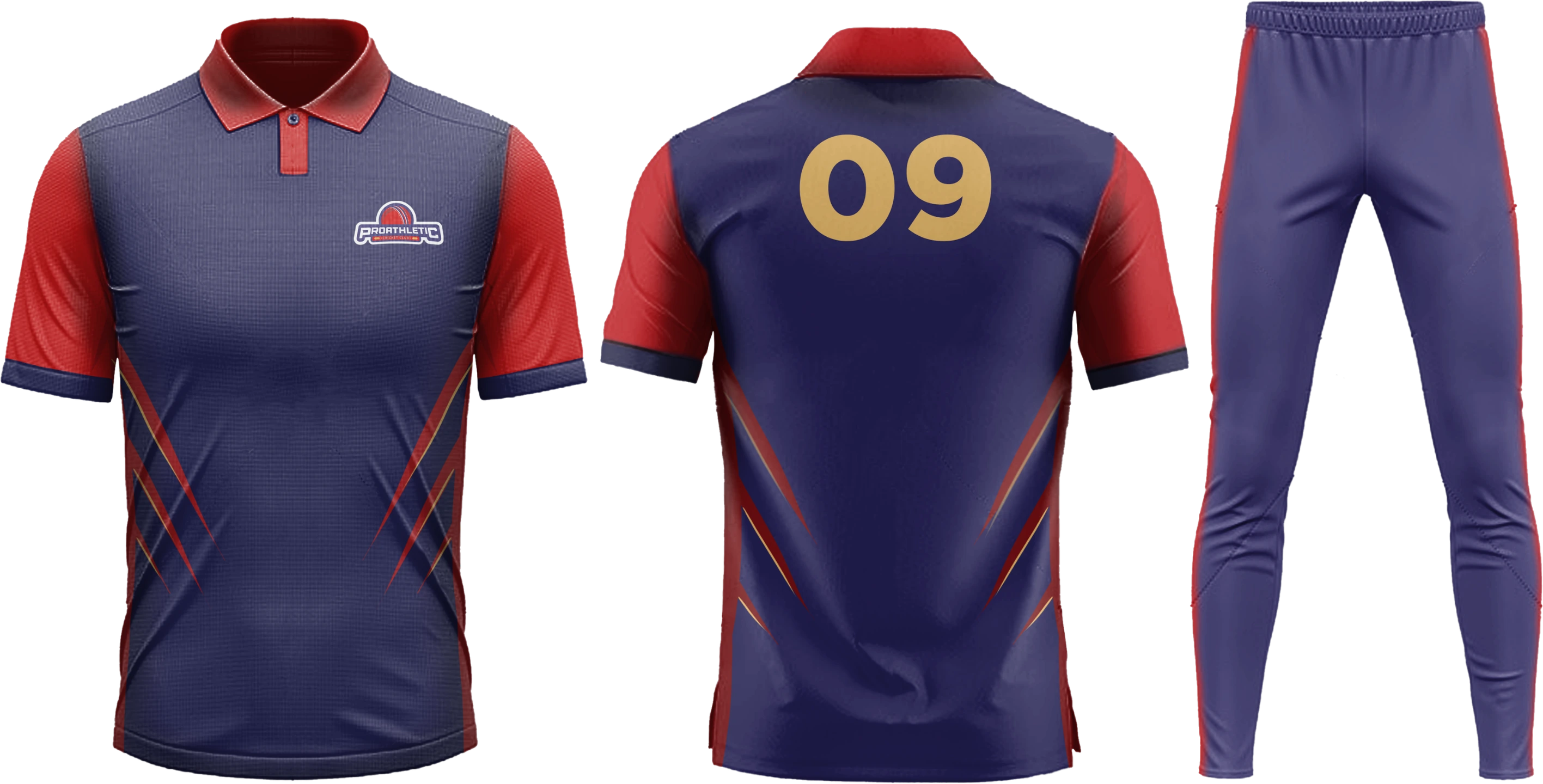 The ProAthletic men's kit — a navy jersey with red sleeves and accents, the emblem at the chest, '09' across the back, and matching navy trousers