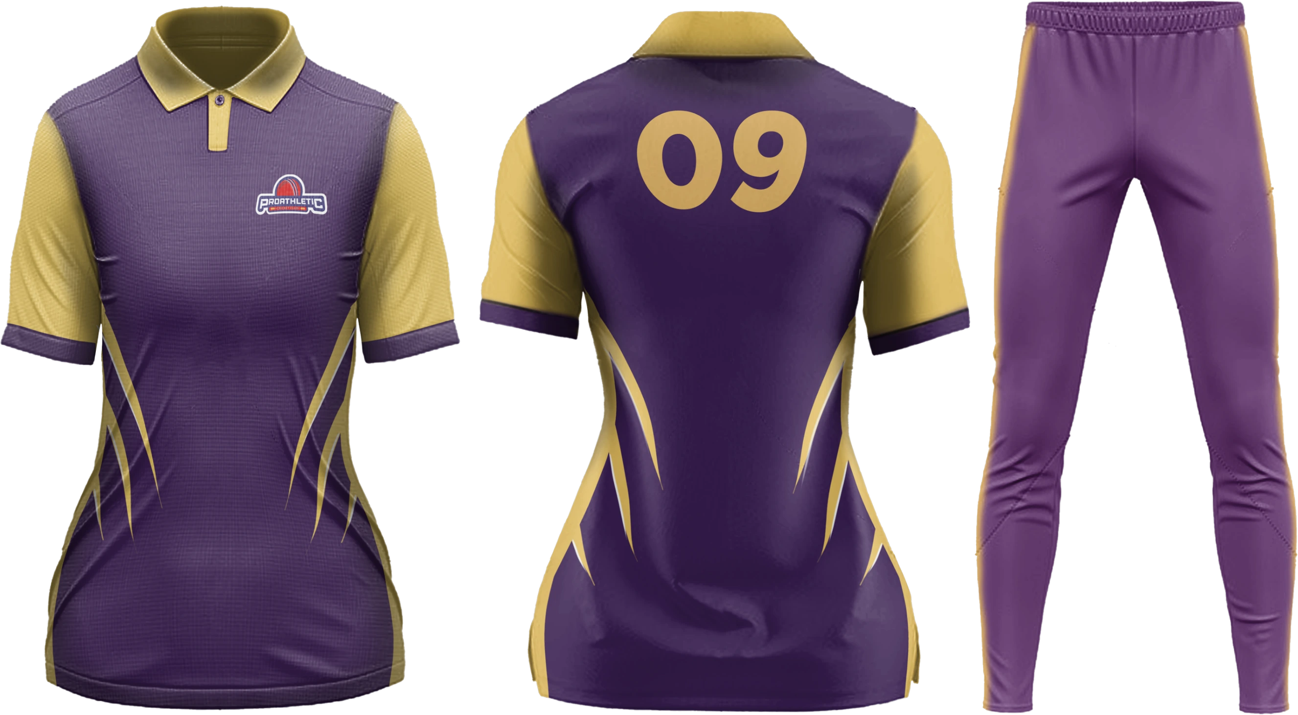 The ProAthletic women's half-sleeve kit — the same purple jersey with gold accents and side flashes, the emblem at the chest, '09' across the back, with matching purple trousers