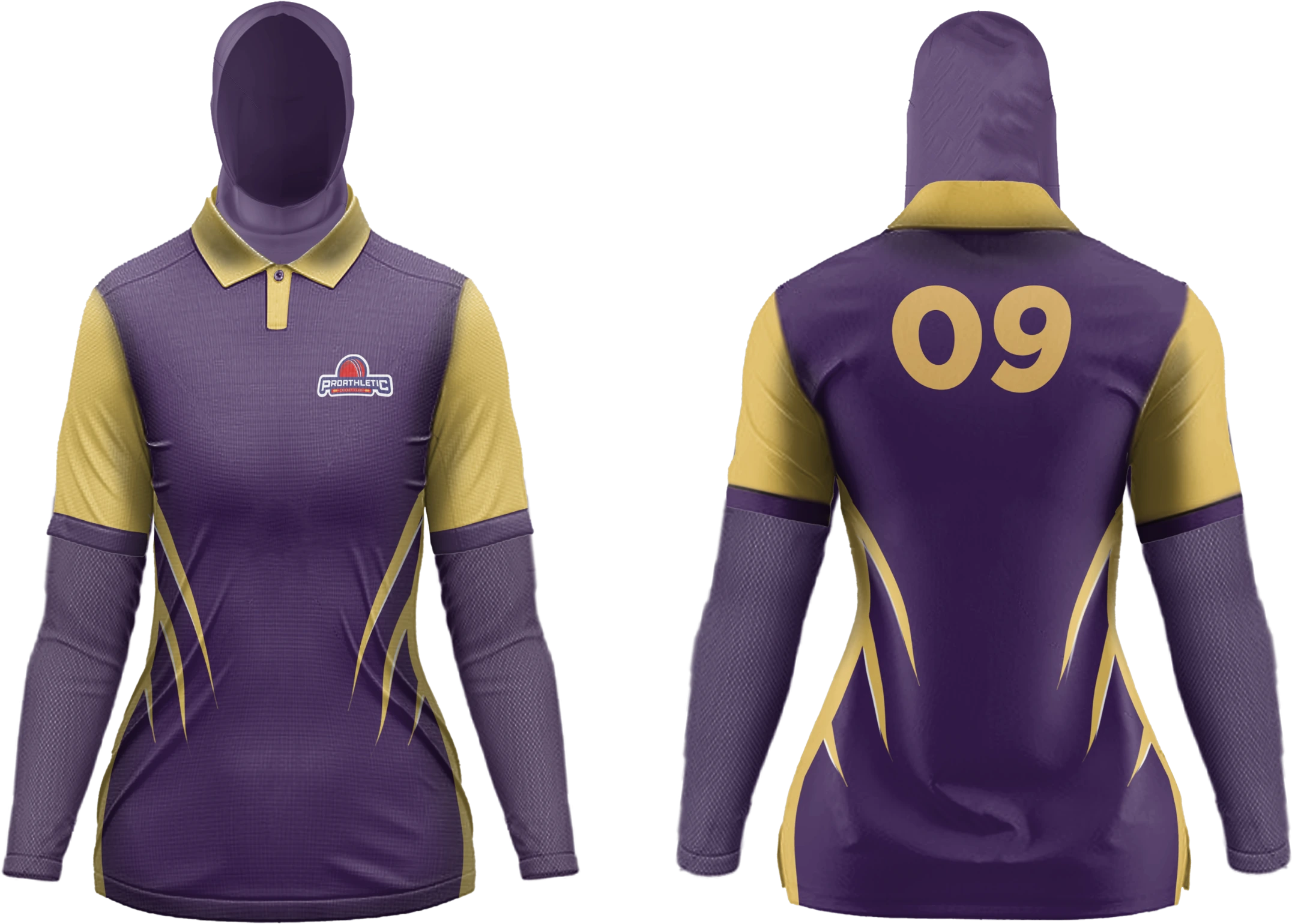 The ProAthletic women's hijab kit — a purple jersey with gold raglan sleeves and side flashes, the emblem at the chest and '09' across the back, with a matching purple hijab cut from the same fabric and full-length sleeves