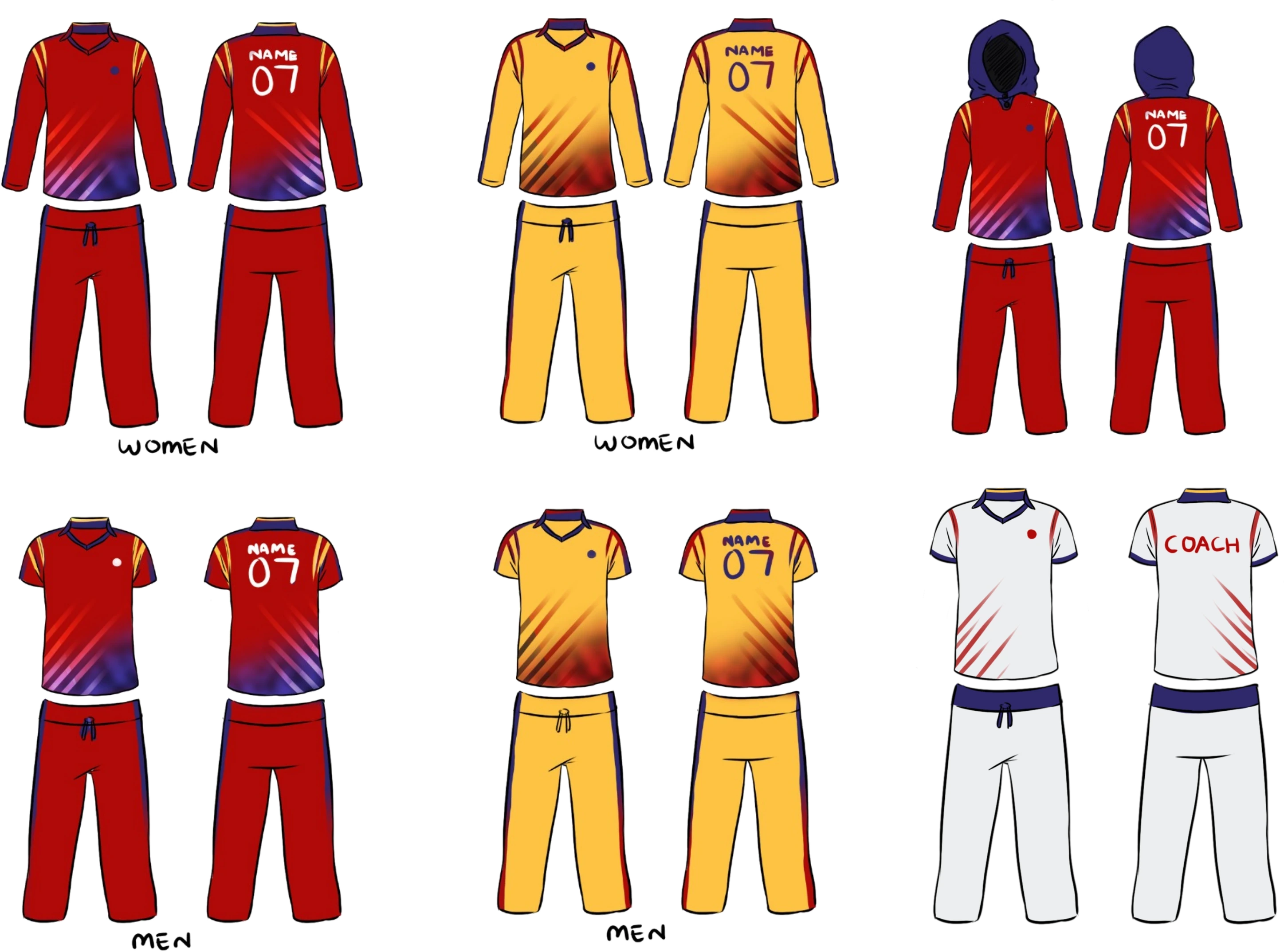 Kit brainstorming sheet — six hand-drawn ProAthletic strip explorations laid out front and back: two women's options in red and in gold, a hooded option, two men's options in red and gold, and a white coach's strip