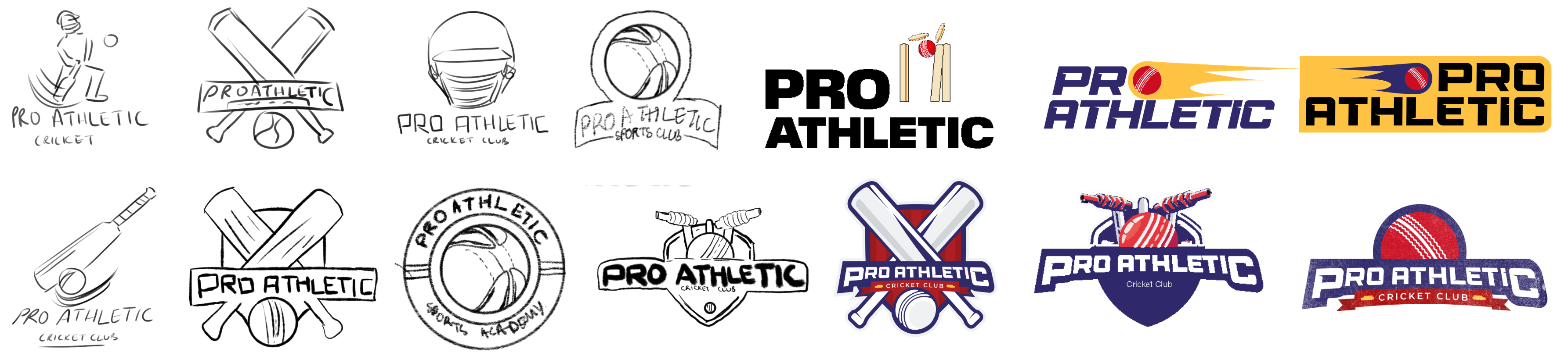 The ProAthletic logo journey in one strip — hand-drawn marks using bats, balls, stumps, and a keeper on the left, refined into navy-and-gold speed-ball wordmarks and badge crests on the right