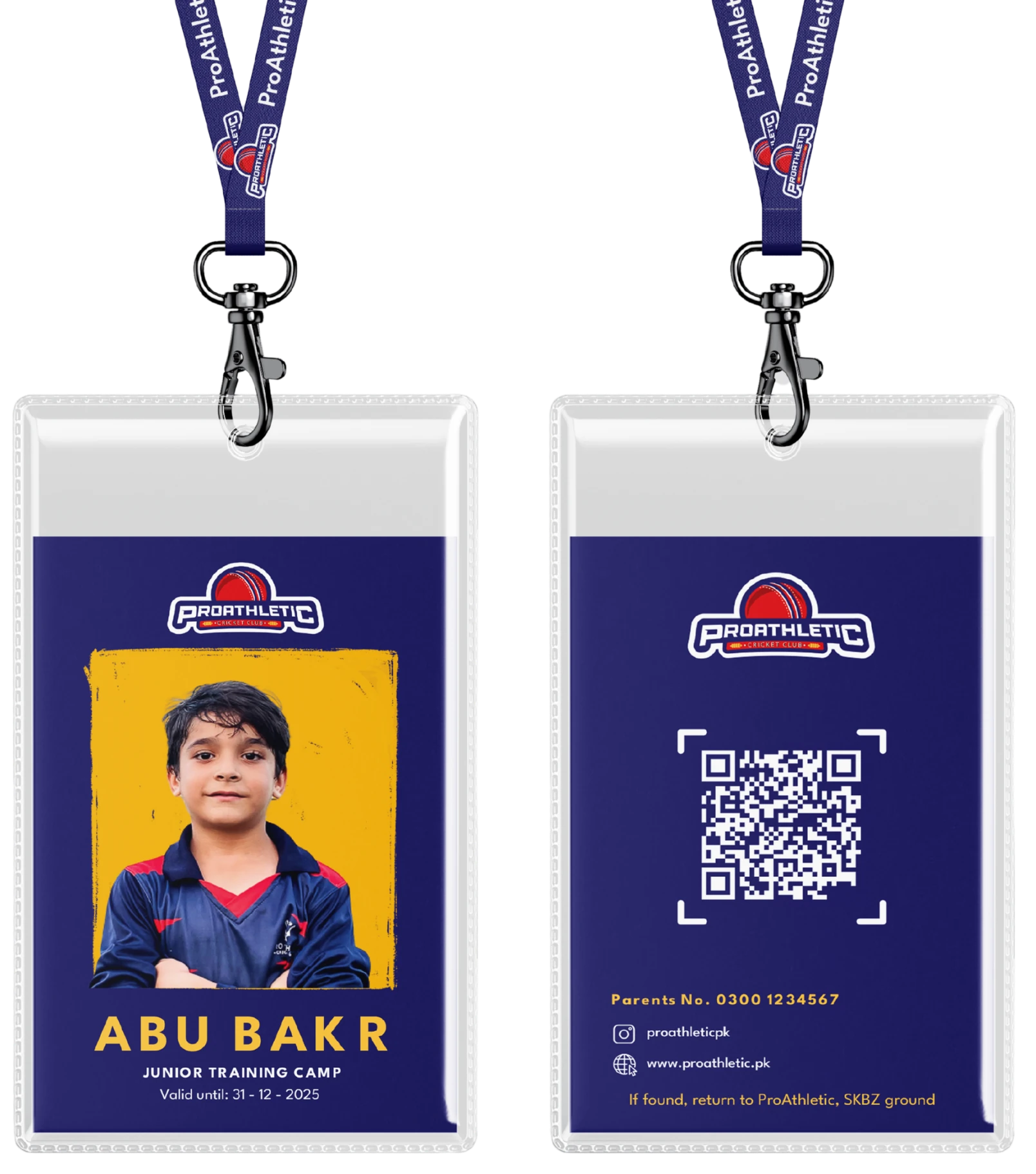 ProAthletic junior membership cards on branded lanyards — the front with Abu Bakr's photo and a Junior Training Camp label, the back with a QR code, parent phone number, and a return-to-ground line
