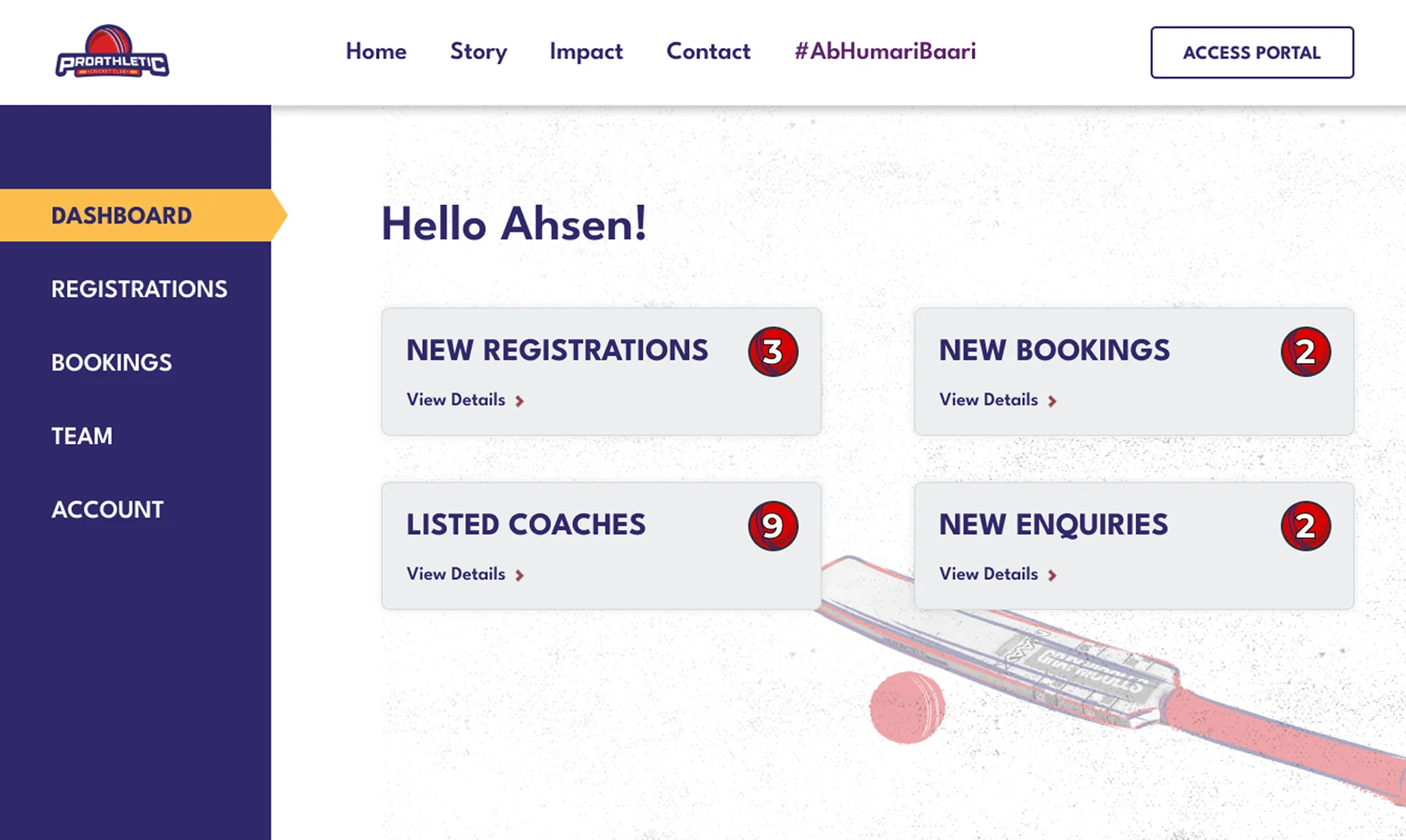 The member portal dashboard — 'Hello Ahsen' with new registrations, bookings, listed coaches, and enquiries at a glance