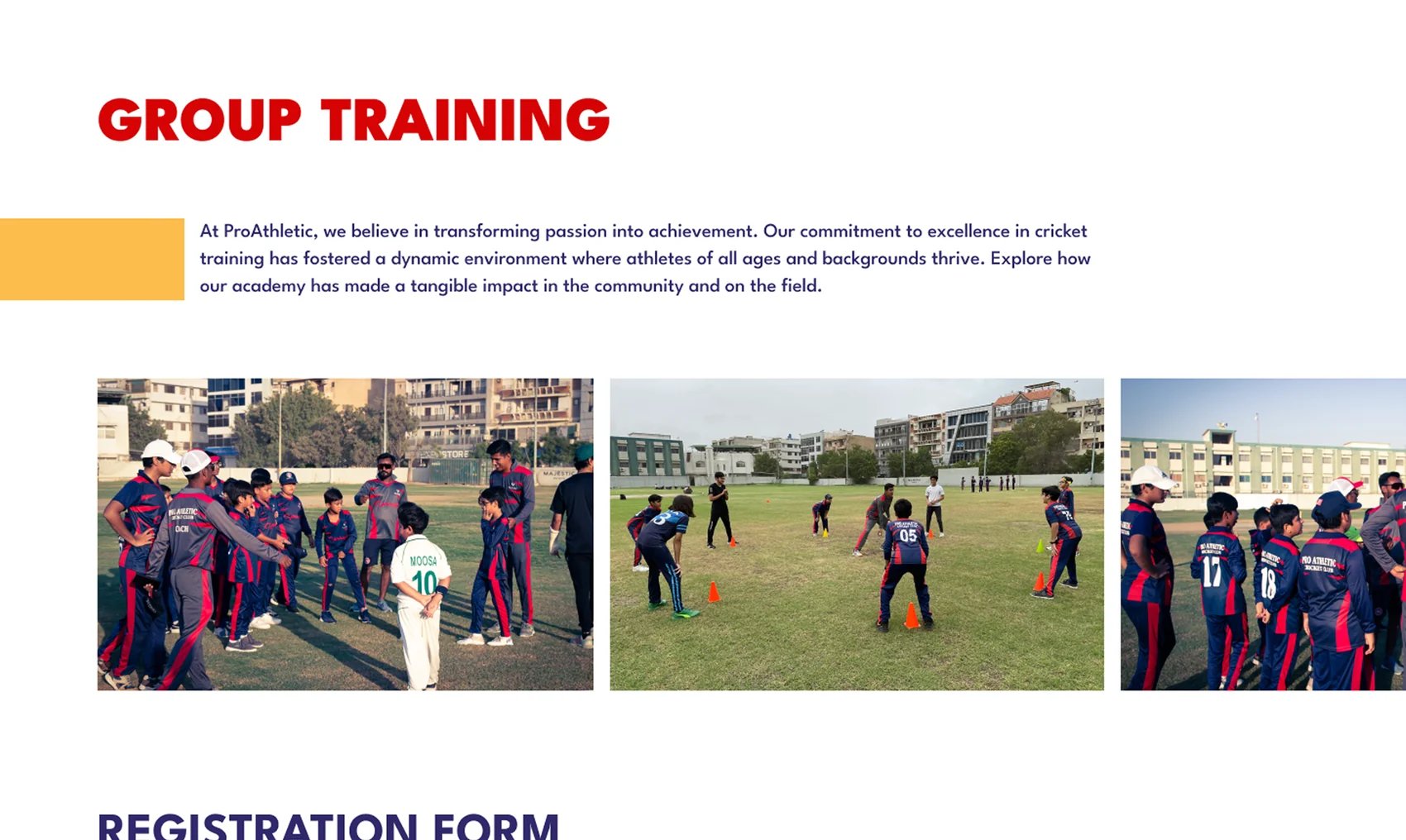 A program page — Group Training with field photos, flowing into a registration form