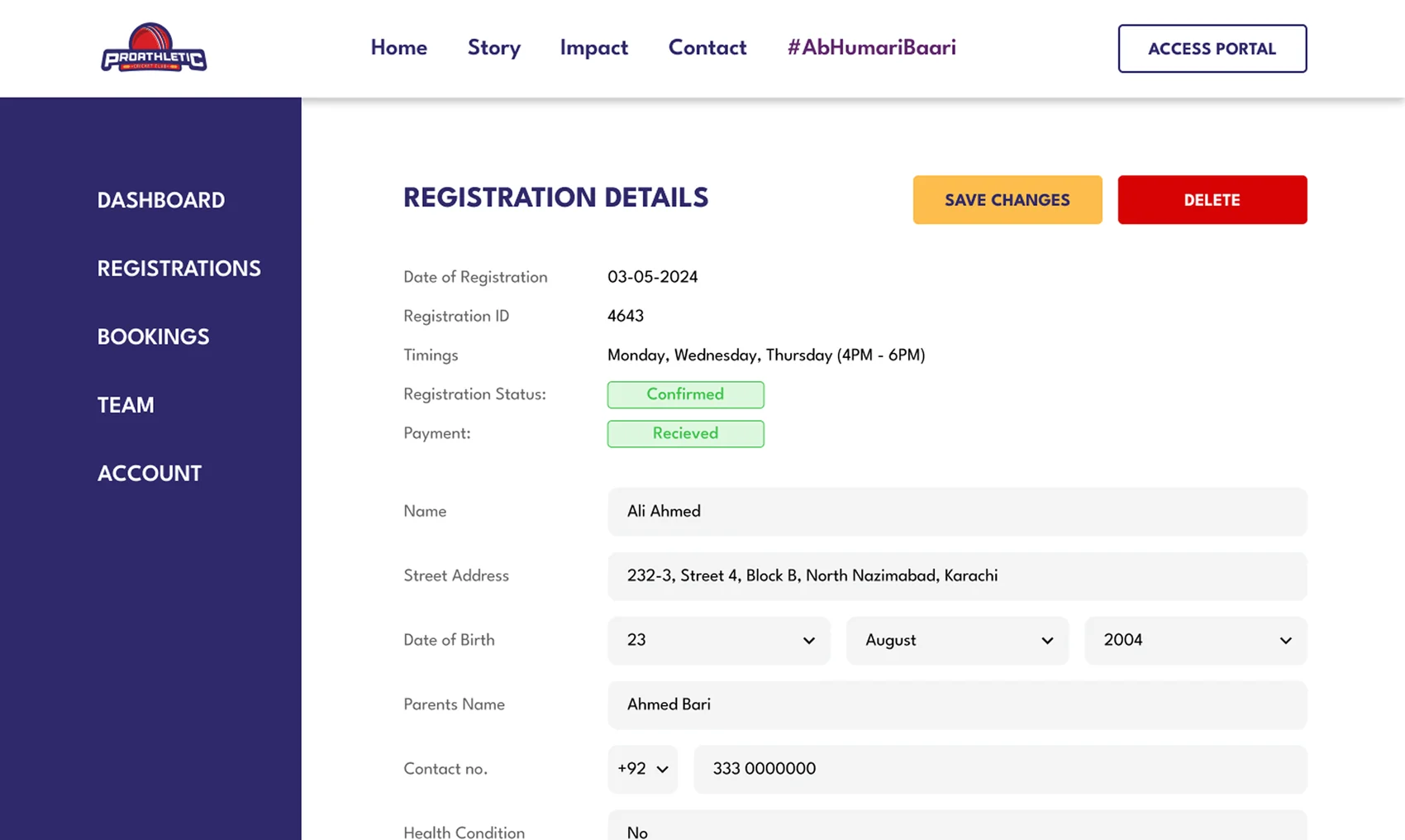 The member portal Registration Details — registration ID, confirmed status, payment received, and full player details