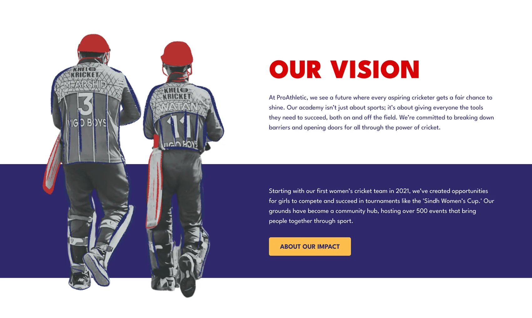 The Story page — 'Our Vision', giving every aspiring cricketer a fair chance, with the women's-cricket milestone