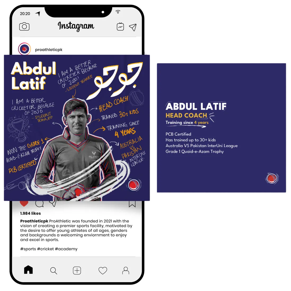 ProAthletic player-profile Instagram mockup with the matching profile card