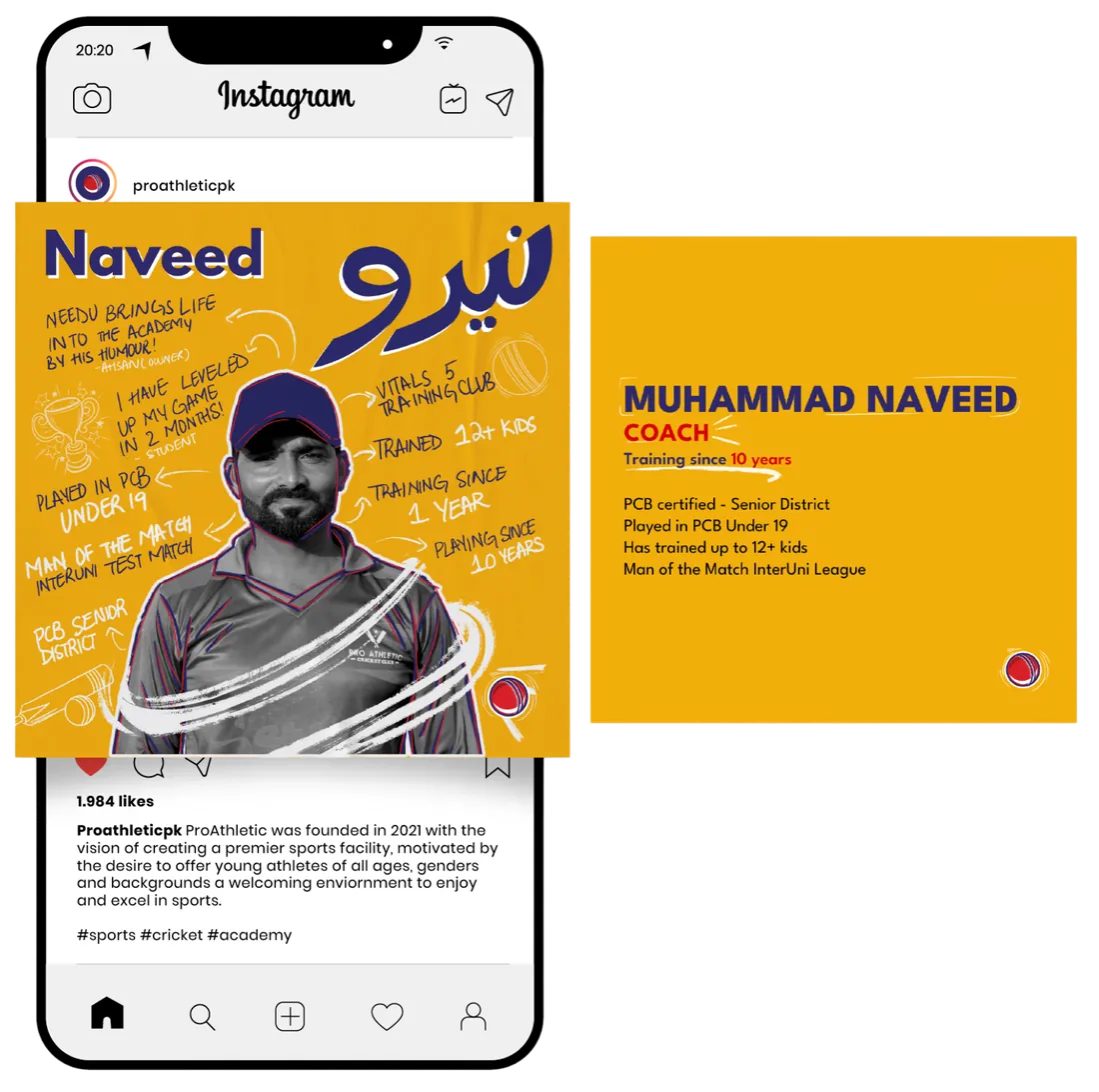 ProAthletic player-profile Instagram mockup with the matching profile card