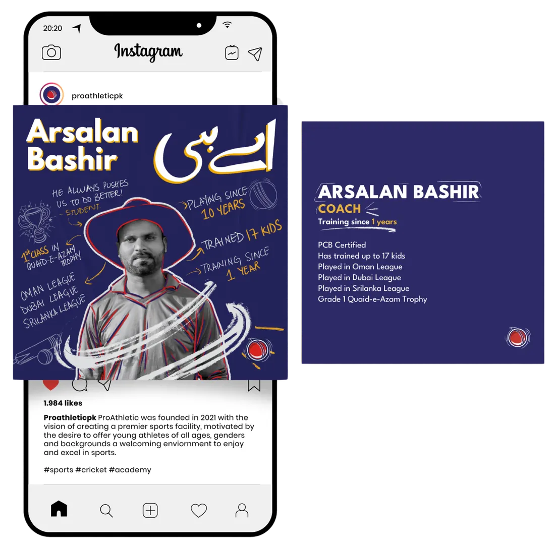 ProAthletic 'Arsalan Bashir — Coach' Instagram mockup with the matching coach card