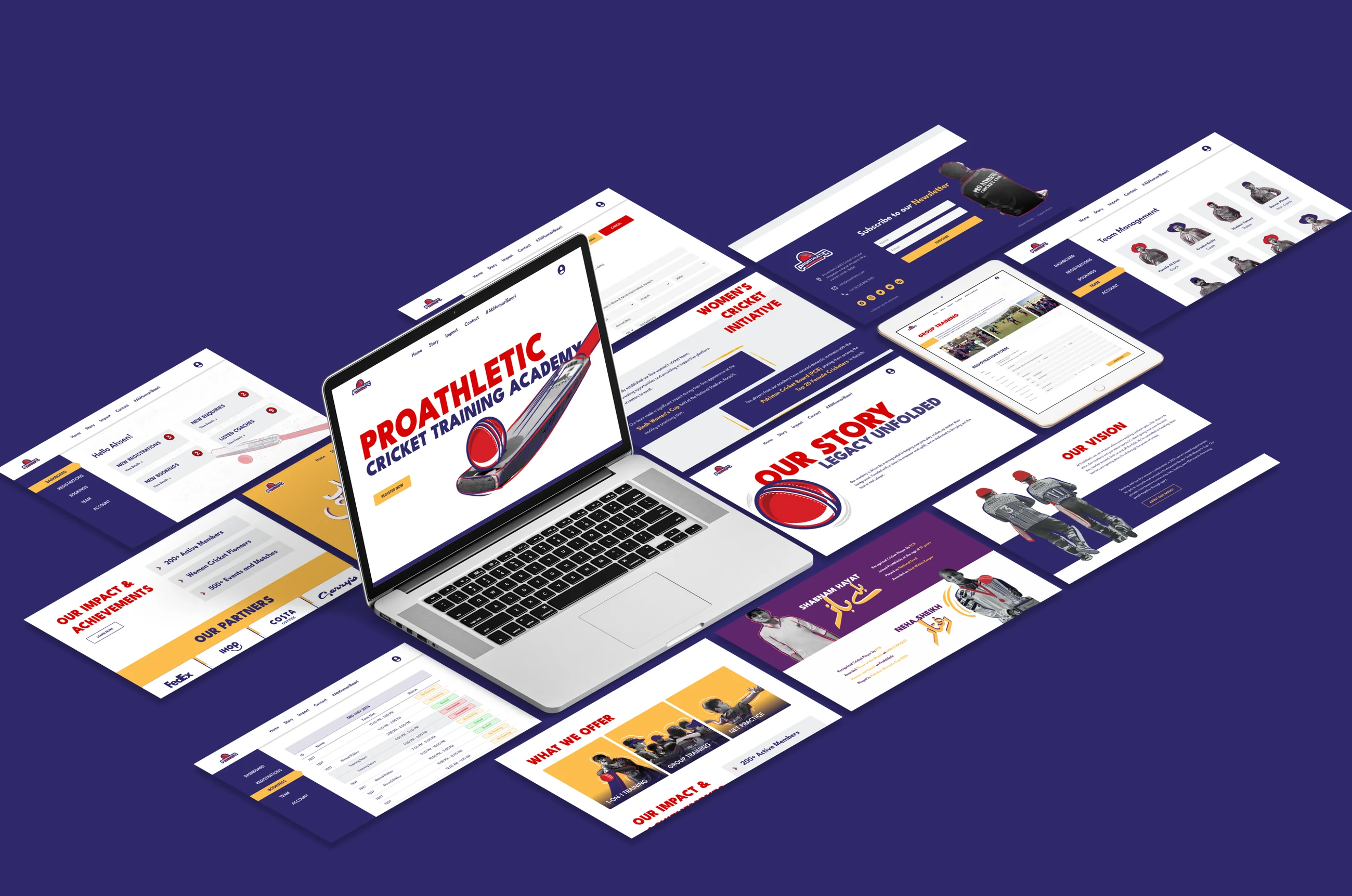 Isometric showcase of the ProAthletic website and member portal — landing, our story, our vision, women's-cricket initiative, programs, registration, team management, impact and partners, plus the dashboard — arranged around a laptop showing the homepage