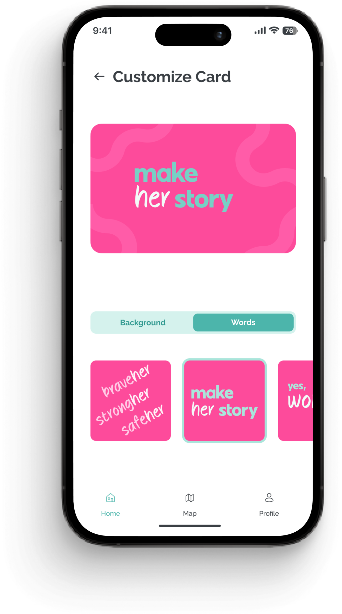 SafeHer Customize Card screen — choose a background and slogan to personalise the membership card