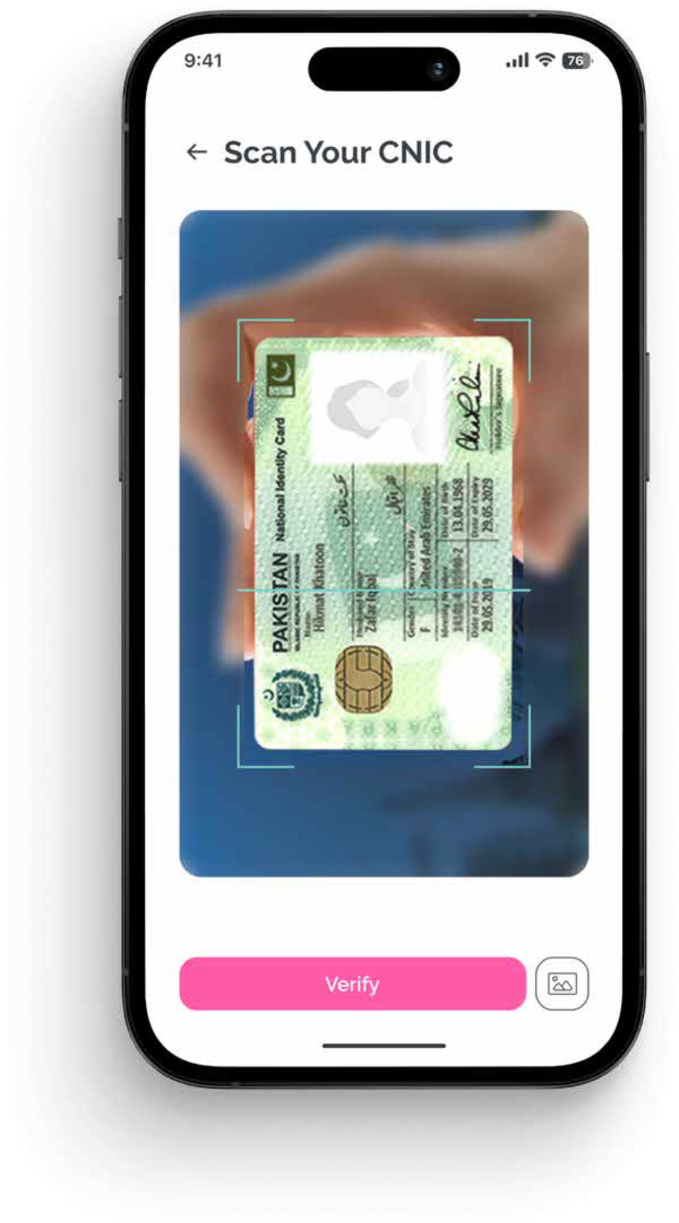 SafeHer onboarding — CNIC scan flow with verification