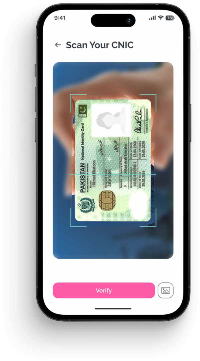 SafeHer app prototype — an identity check screen, 'Scan your CNIC', used to verify a membership before entry.