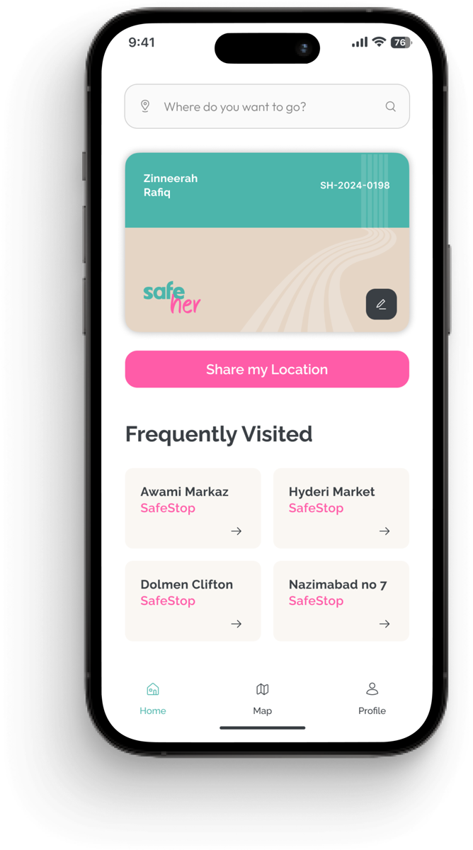 SafeHer app prototype — a personalised home screen with a 'Share my Location' action and frequently visited SafeStops.