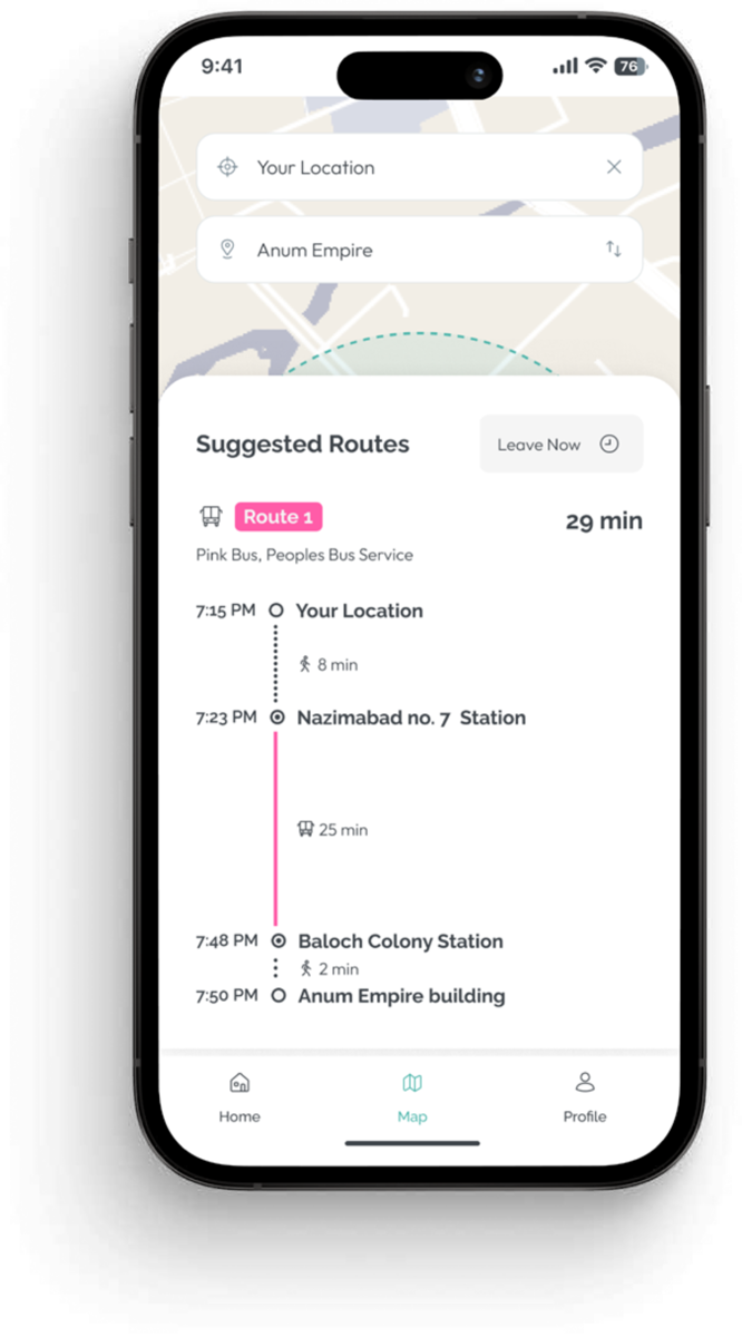 SafeHer app prototype — a suggested route showing a walking segment, a bus route and nearby SafeStops with estimated times.