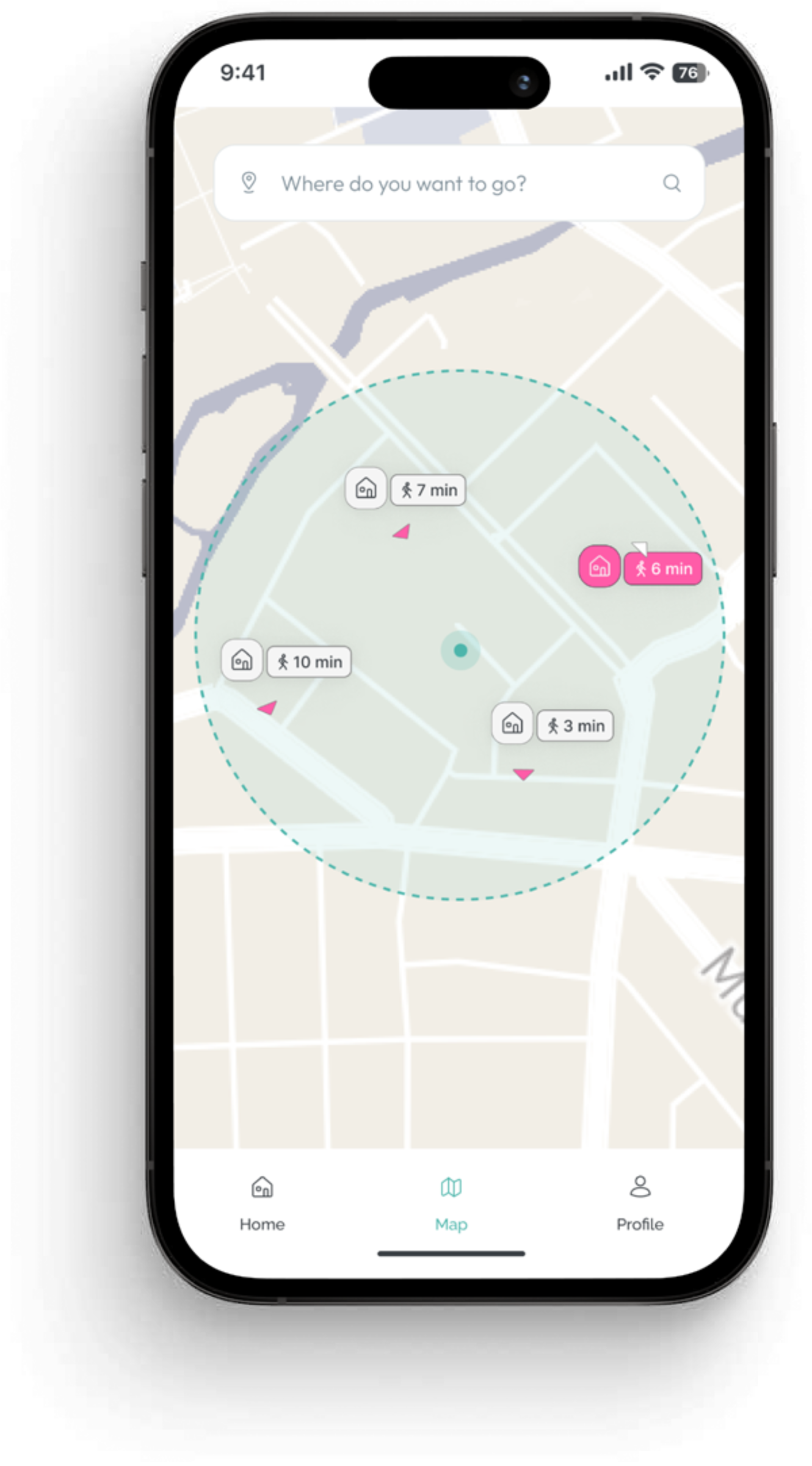 SafeHer map — nearby SafeStops with walk times around the user's location