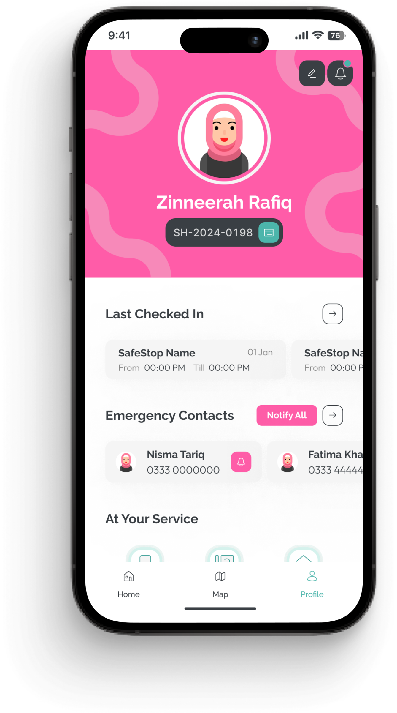 SafeHer profile — Zinneerah's account with commute history, saved routes, and emergency contacts