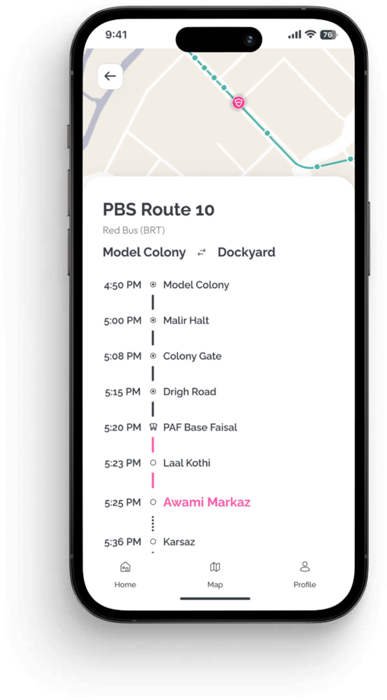 SafeHer route — PBS Route 10 timeline from Model Colony to Karsaz