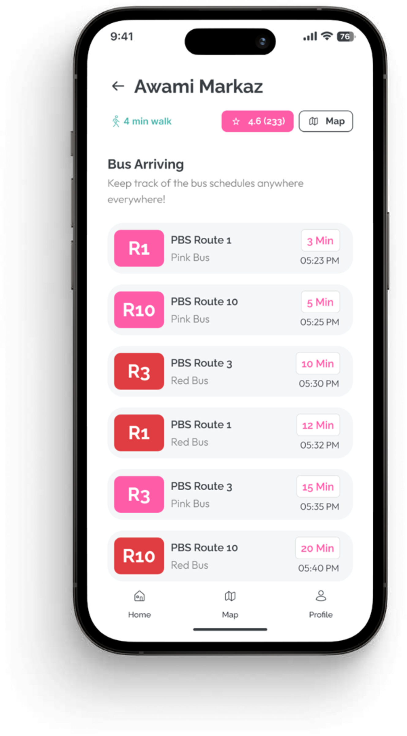 SafeHer Awami Markaz — live bus arrivals with route IDs and arrival times