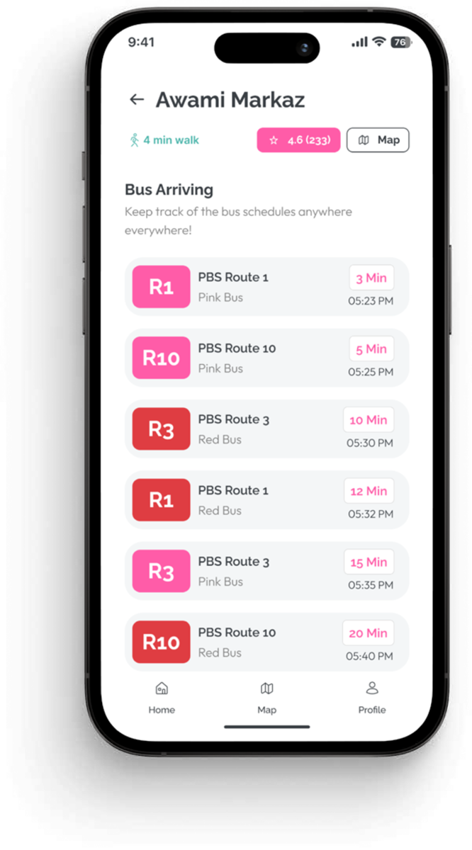 SafeHer app prototype — a live 'Bus Arriving' list showing routes with countdown times such as 3 and 5 minutes.