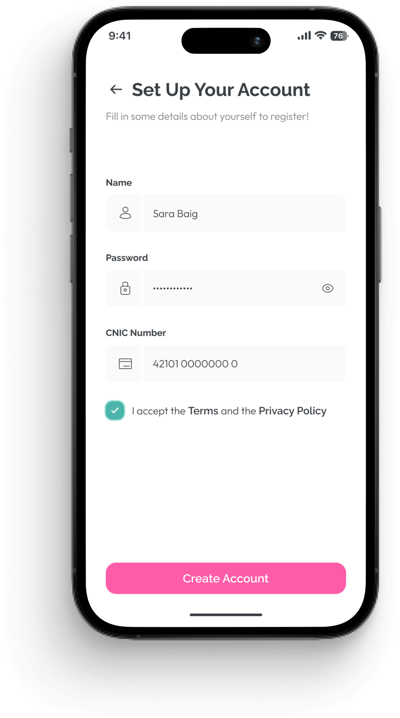 SafeHer onboarding — set up your account with name, password, and CNIC