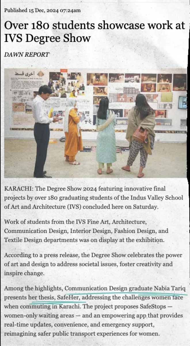 Dawn newspaper article, 15 December 2024, headlined 'Over 180 students showcase work at IVS Degree Show', with the paragraph about SafeHer underlined.