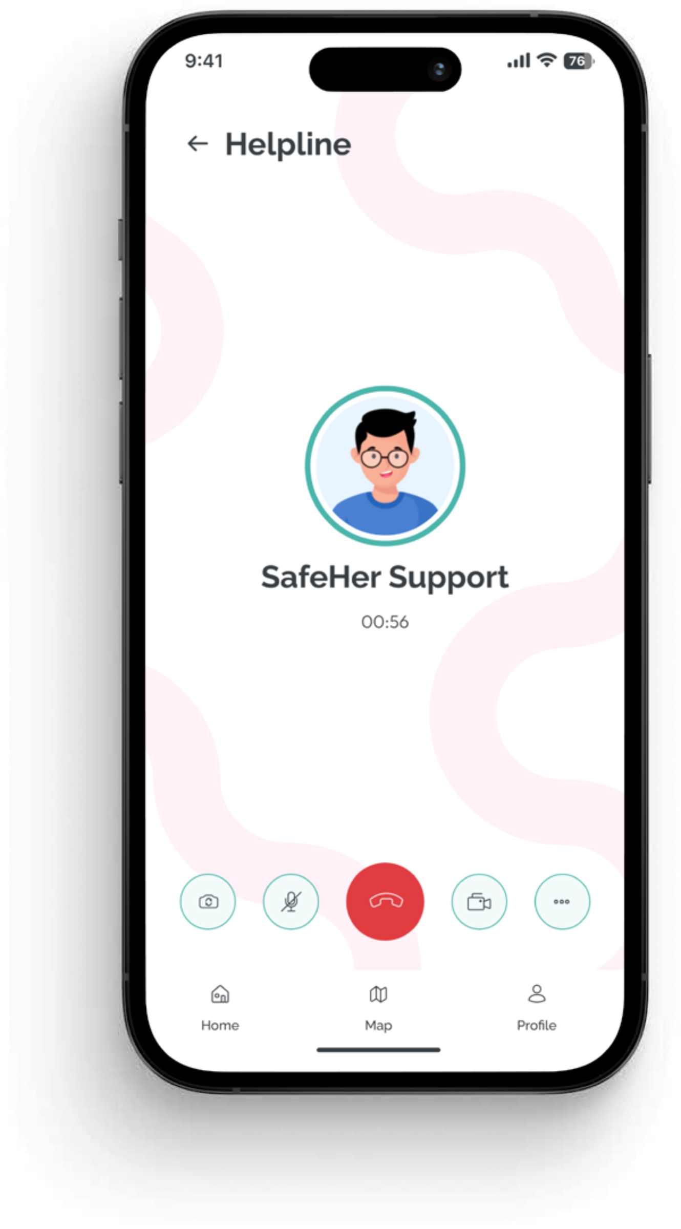 SafeHer helpline — direct call to SafeHer Support, with mute, video, and end-call controls
