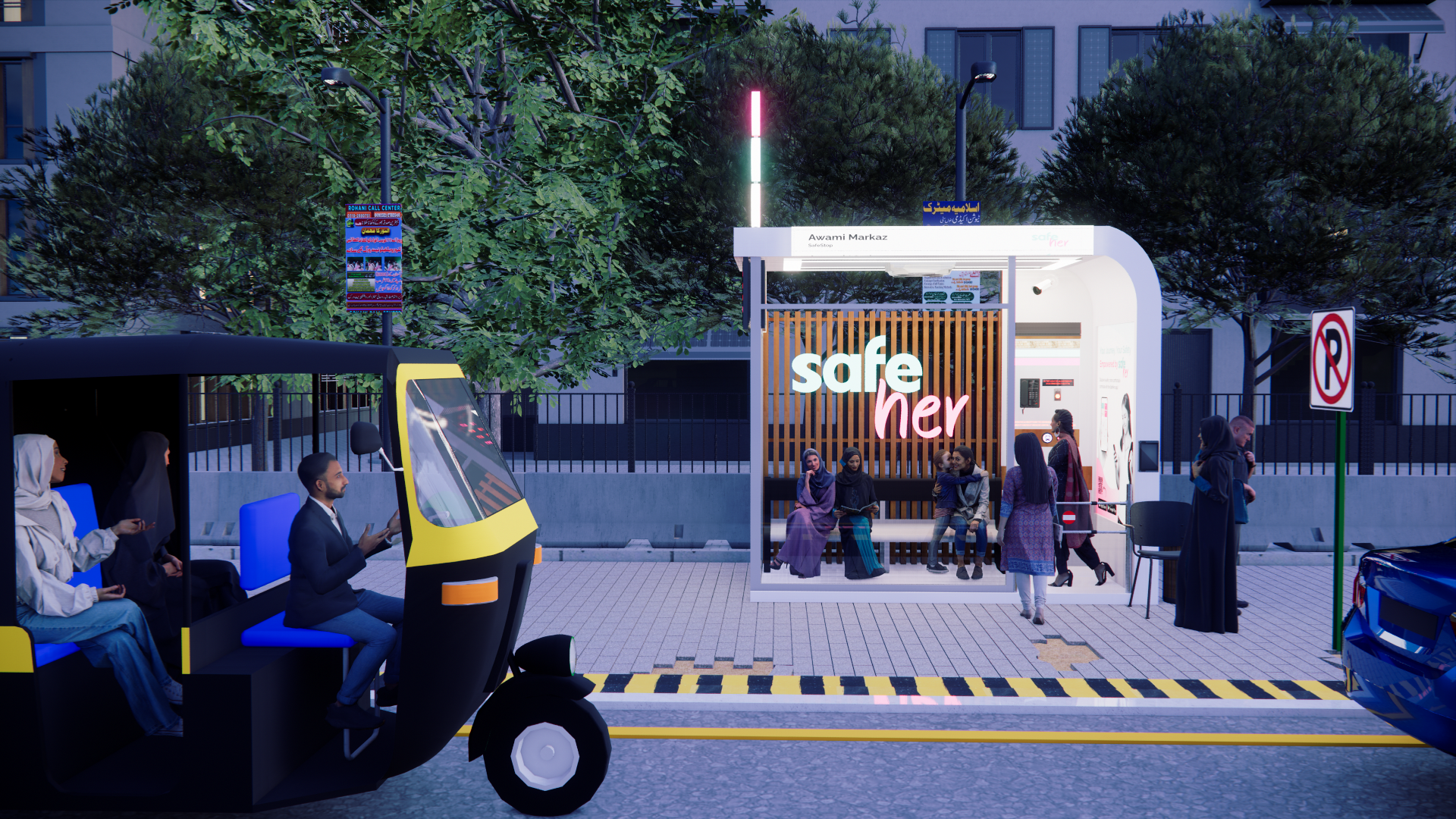 Concept render of a SafeHer SafeStop seen head-on at dusk: transparent walls, SafeHer branding on timber slats, women seated inside, an overhead ride signal, and a rickshaw pulling up to board.