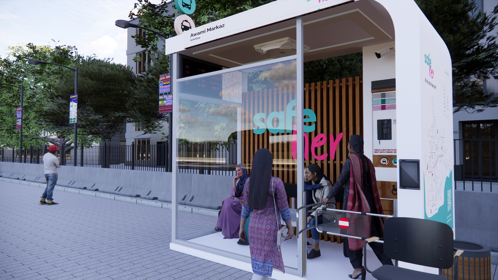 Concept render inside a SafeStop showing the helpline and signal panel, the route map, accessible seating and the instruction to press a button to signal a ride.