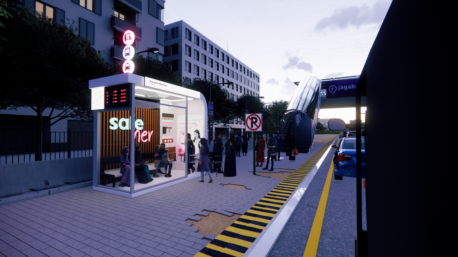 Concept render of a SafeStop at dusk with a defined boarding edge, tactile paving and overhead ride signals beside a transit hub.