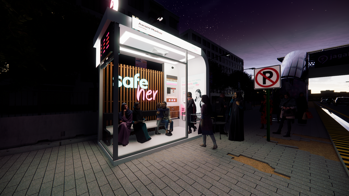 Contextual concept render — a SafeStop lit at night, its transparent walls showing women seated on benches inside, with the street and a transit hub around it.