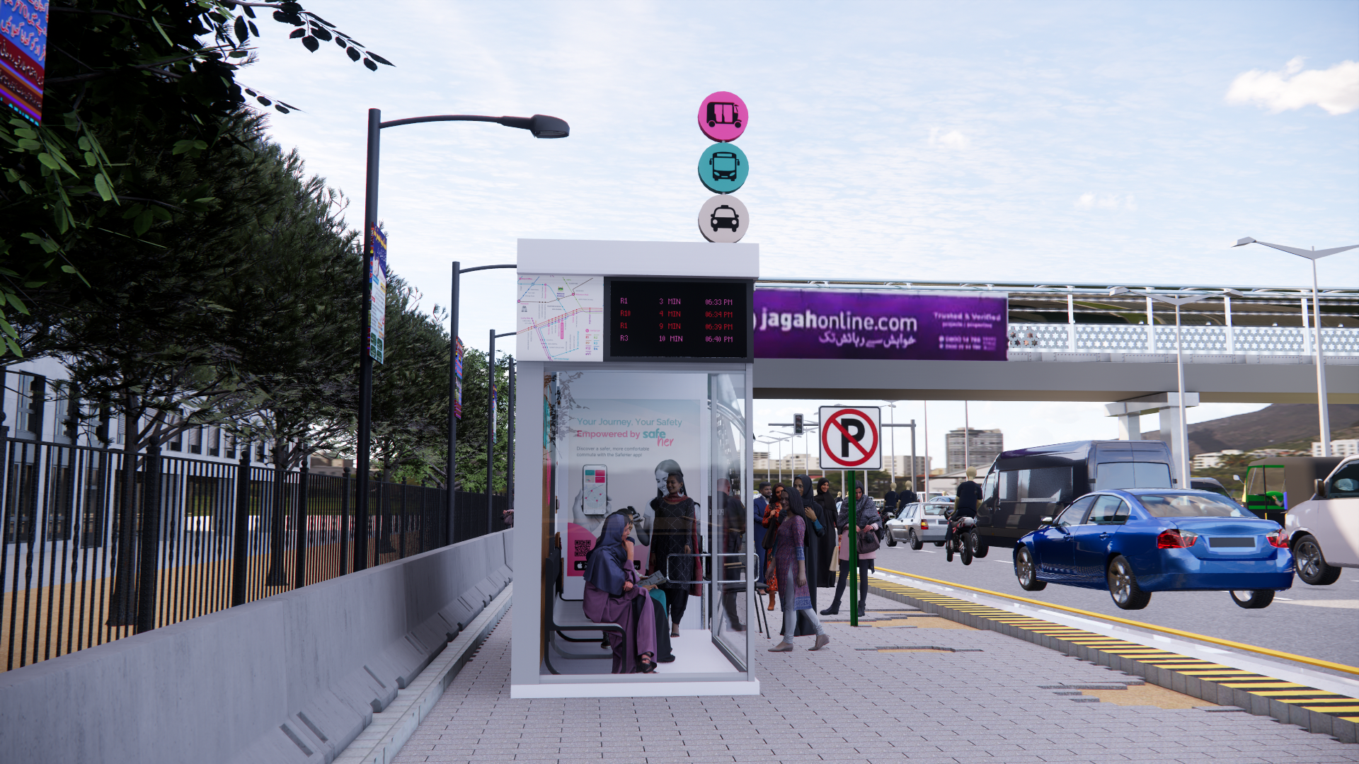 Concept render of a SafeStop by day with round colour-coded ride signals, an electronic schedule board and a route map at the waiting area.