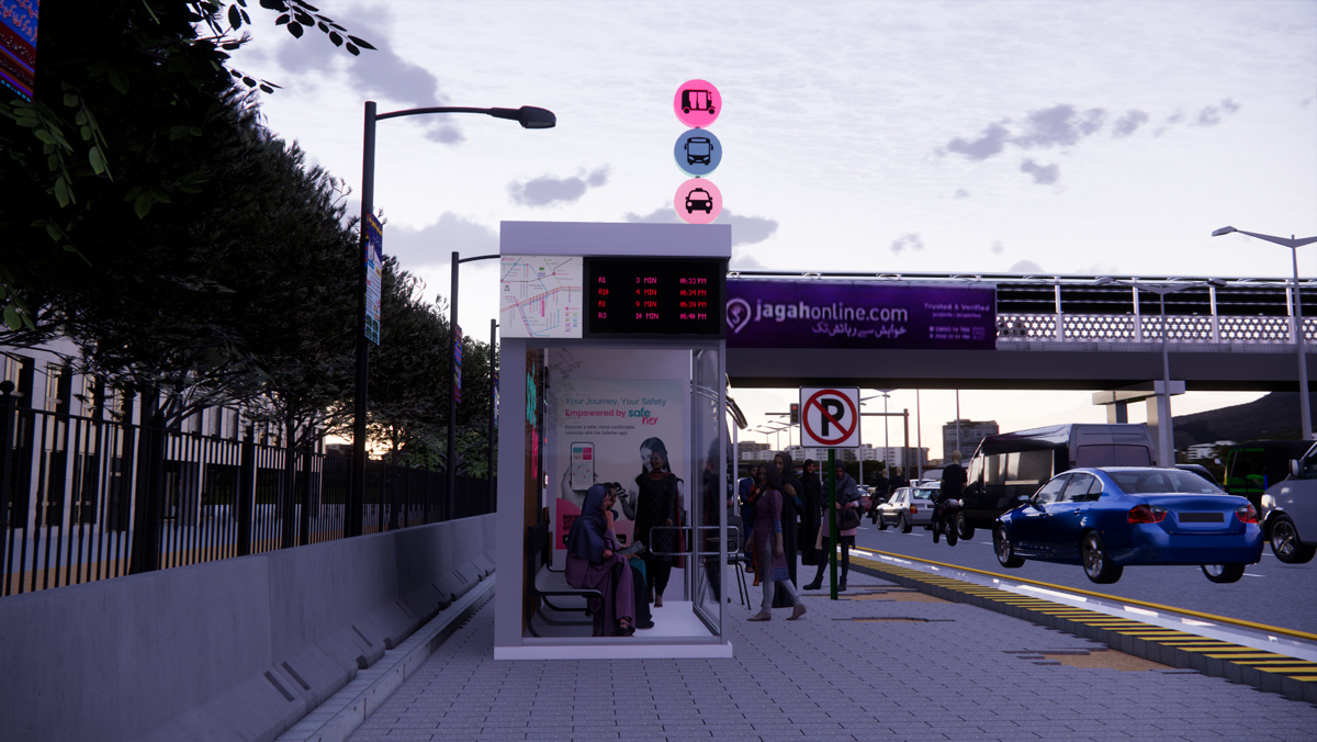 Contextual concept render — a SafeStop at dusk with overhead colour-coded ride-signal lights and an electronic schedule board beside a busy road.